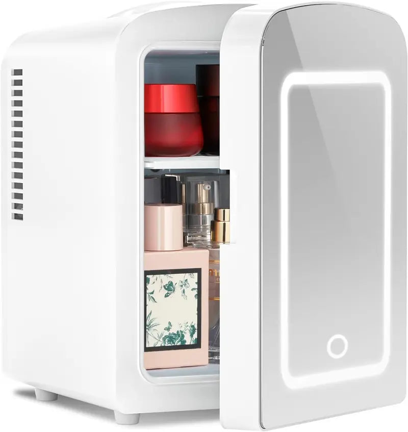 Portable Mini Makeup Fridge (with LED Mirror), 4-Liter/6-Can Capacity