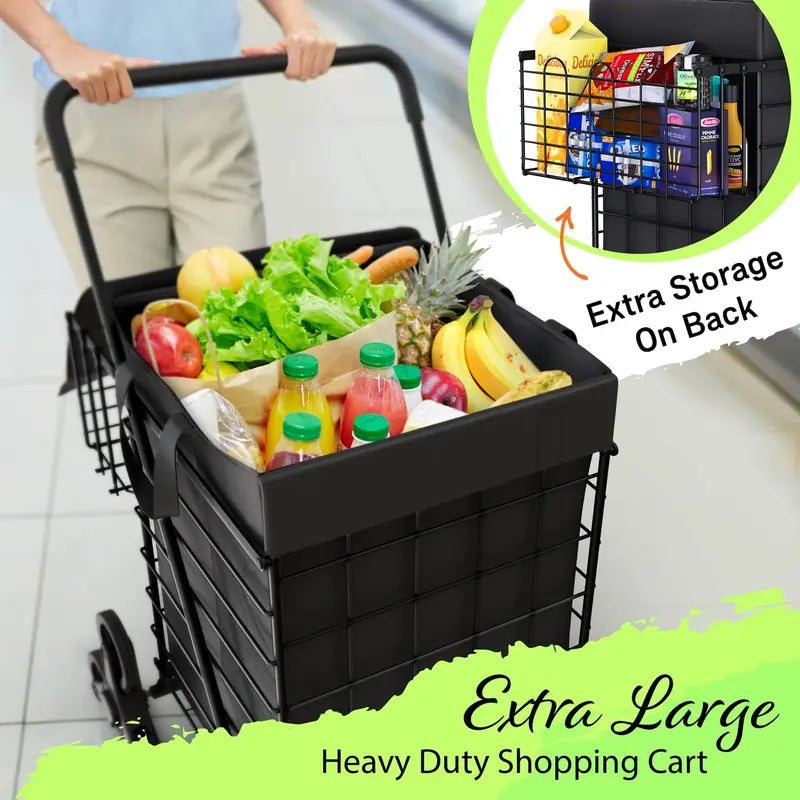 Shopping cart with waterproof lining and 360° swivel wheels | Foldable, portable, and lightweight |