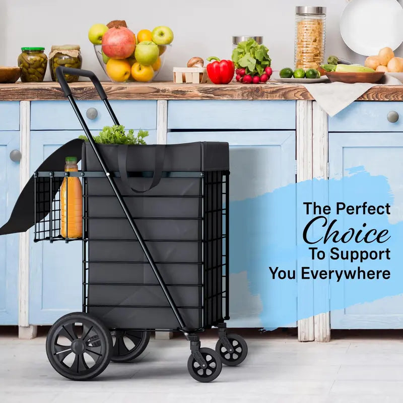 Shopping cart with waterproof lining and 360° swivel wheels | Foldable, portable, and lightweight |