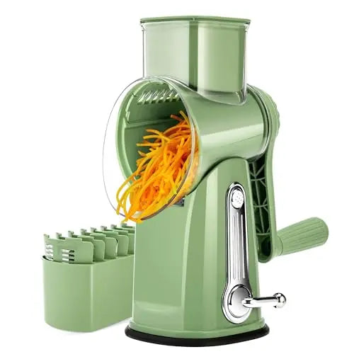 Rotating cheese grater, vegetable slicer, equipped with 5 interchangeable blades.