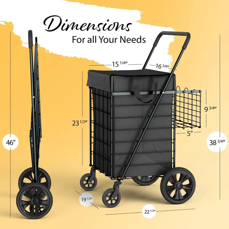 Shopping cart with waterproof lining and 360° swivel wheels | Foldable, portable, and lightweight |