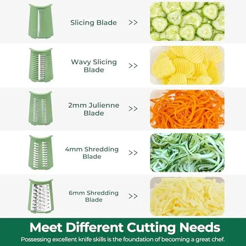 Rotating cheese grater, vegetable slicer, equipped with 5 interchangeable blades.