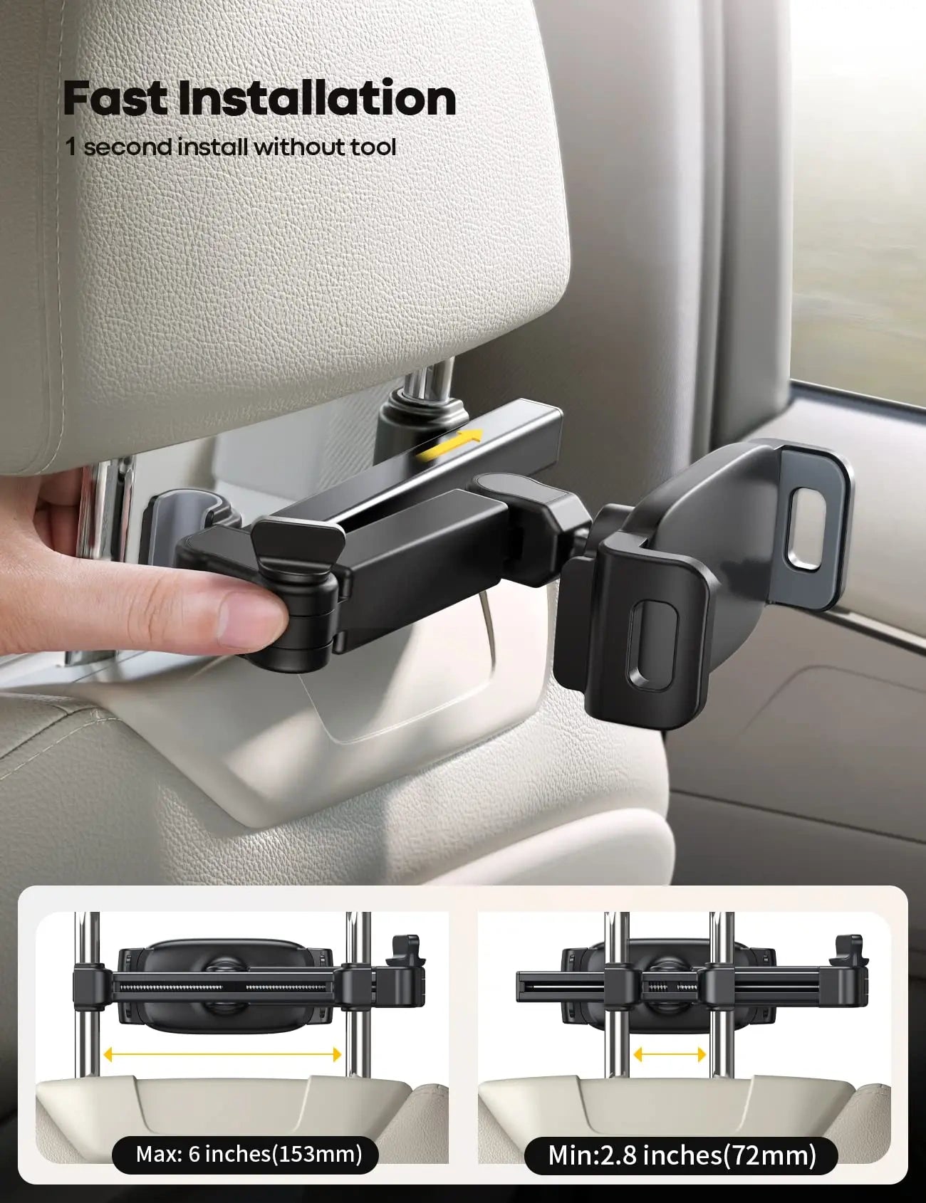 Car headrest tablet holder - [Aluminum arm] Adjustable car tablet holder