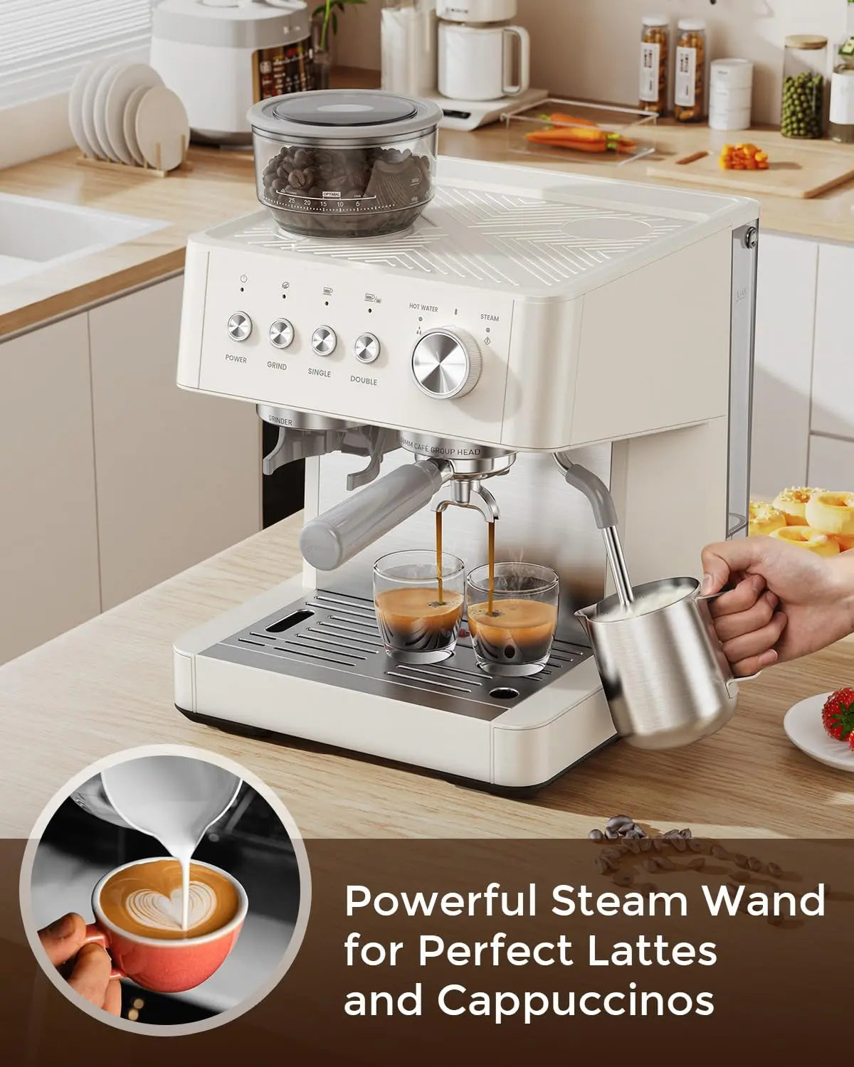 Italian espresso machine with a built-in anti-clog coffee grinder