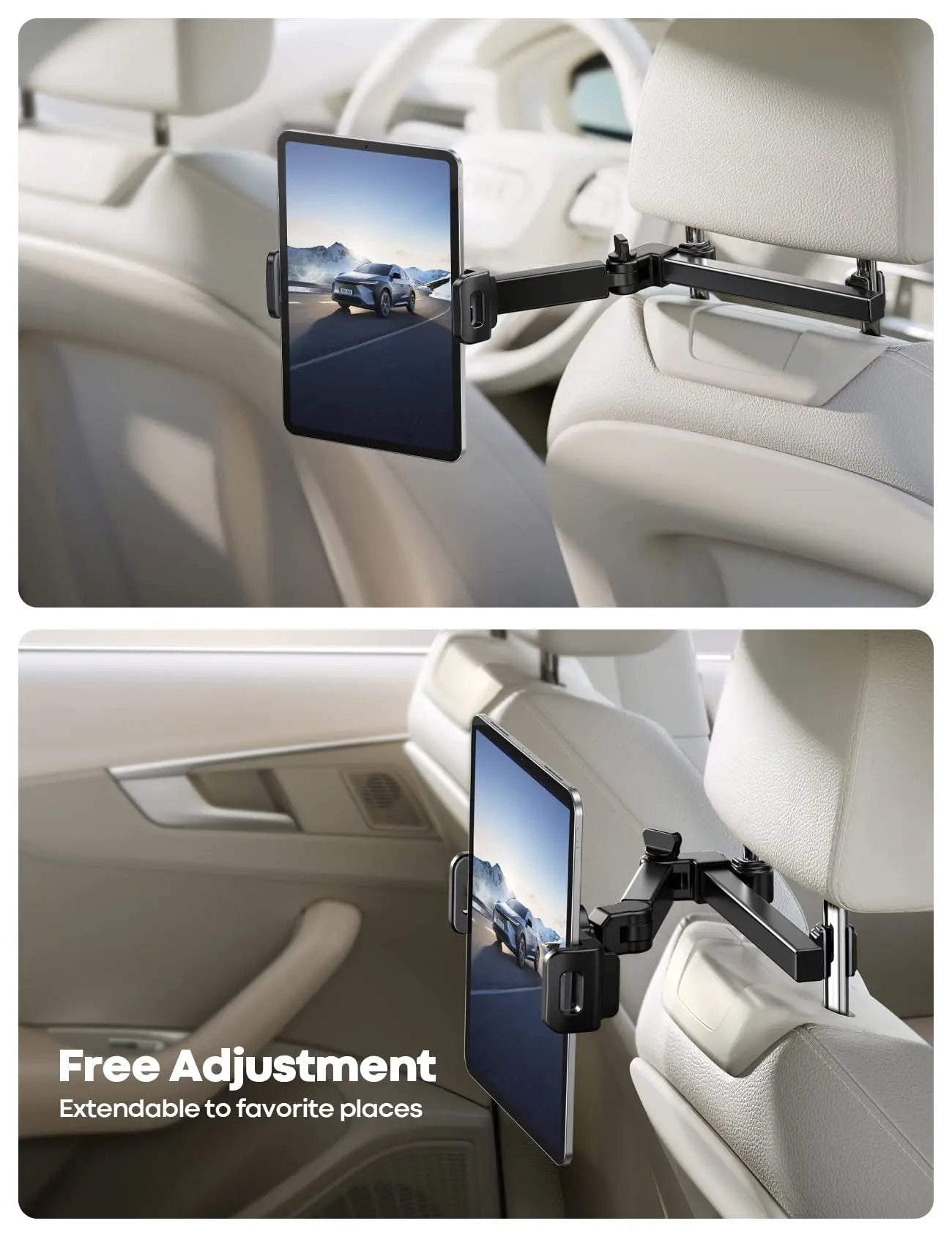 Car headrest tablet holder - [Aluminum arm] Adjustable car tablet holder