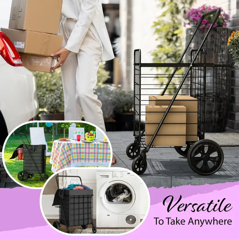 Shopping cart with waterproof lining and 360° swivel wheels | Foldable, portable, and lightweight |