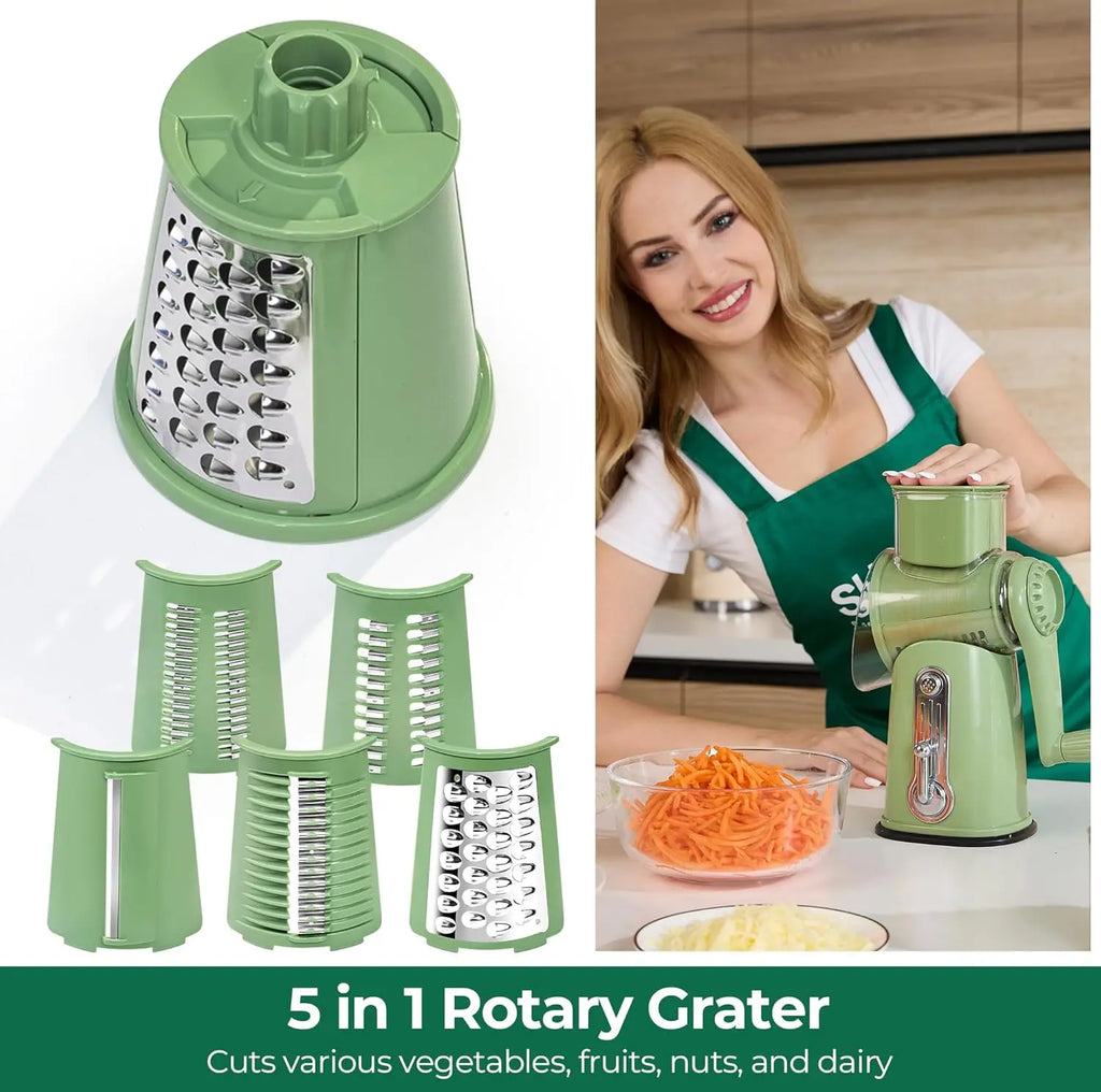 Rotating cheese grater, vegetable slicer, equipped with 5 interchangeable blades.