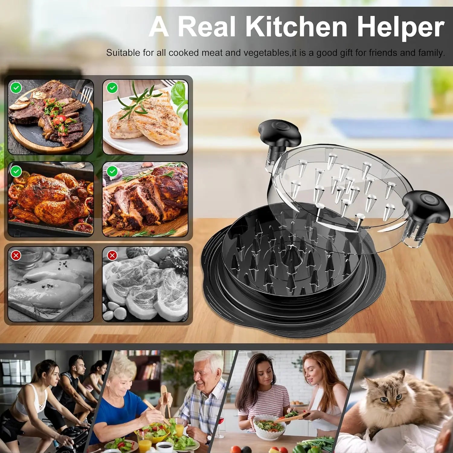 Large chicken breast shredder with a rotating design featuring a brush and fork