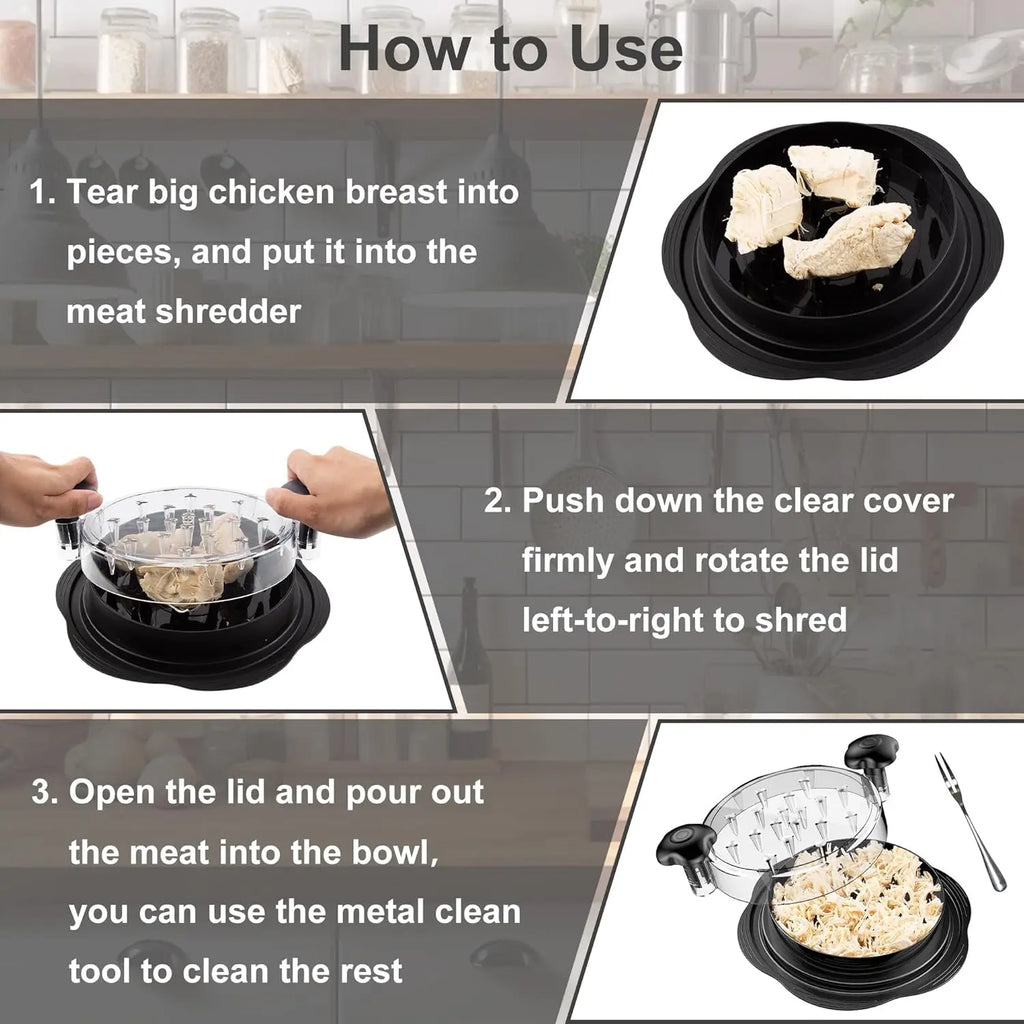 Large chicken breast shredder with a rotating design featuring a brush and fork