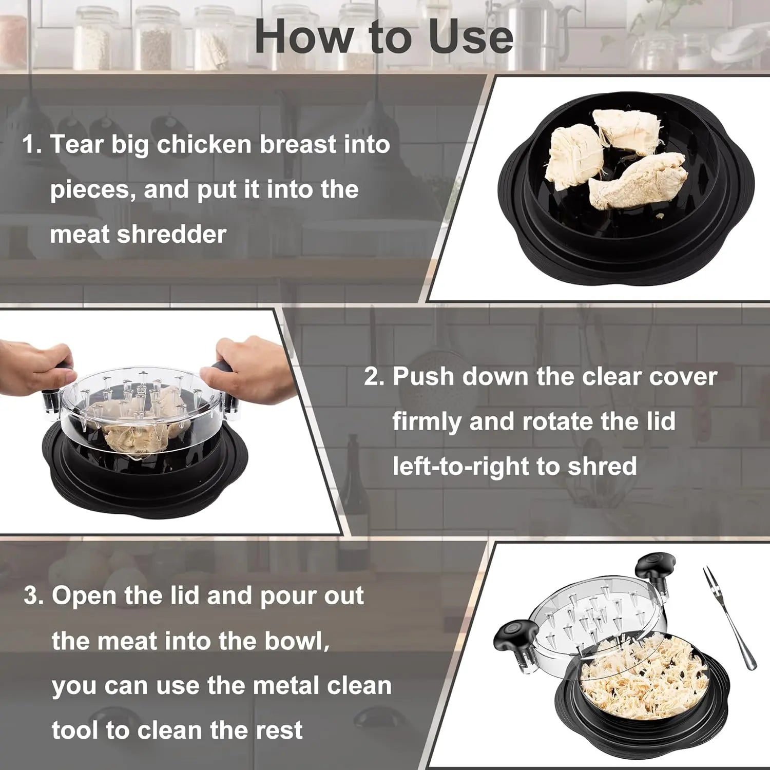 Large chicken breast shredder with a rotating design featuring a brush and fork