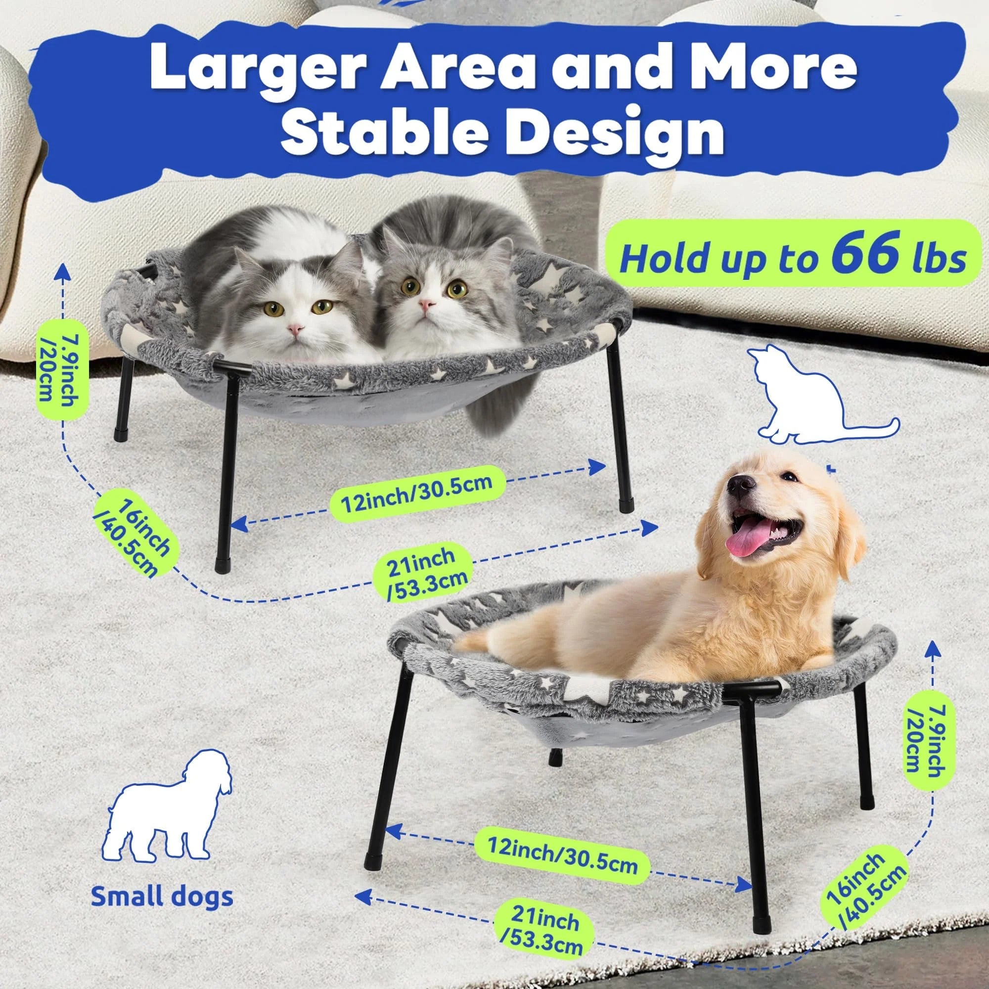 Large pet hammock—a soothing elevated pet bed designed specifically for cats and small dogs. This soft, anxiety-relieving, glow-in-the-dark indoor pet bed provides comfortable support.