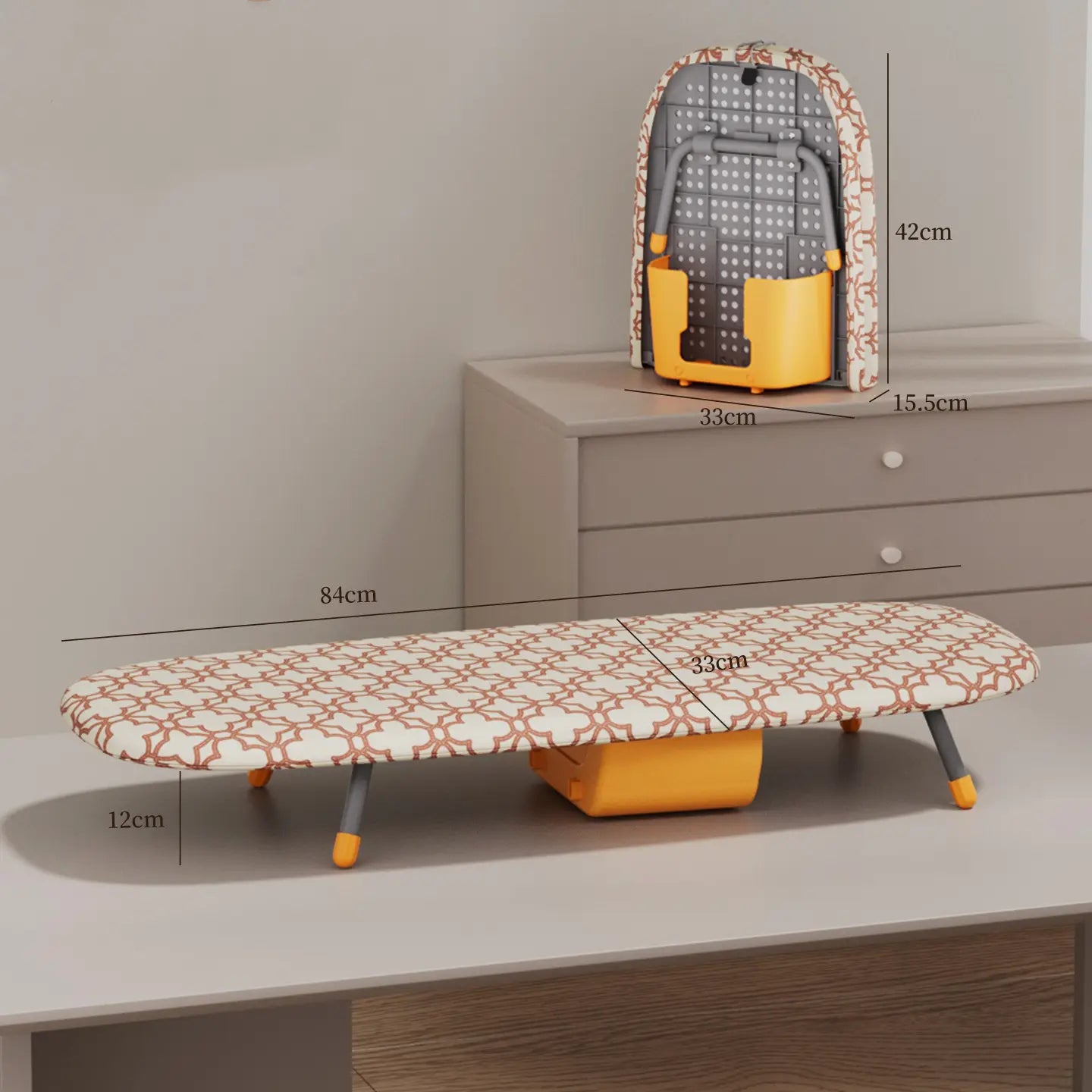 Compact Folding Tabletop Ironing Board with Iron Holder & Wall Mount, Space-Saving Grey/Yellow Design