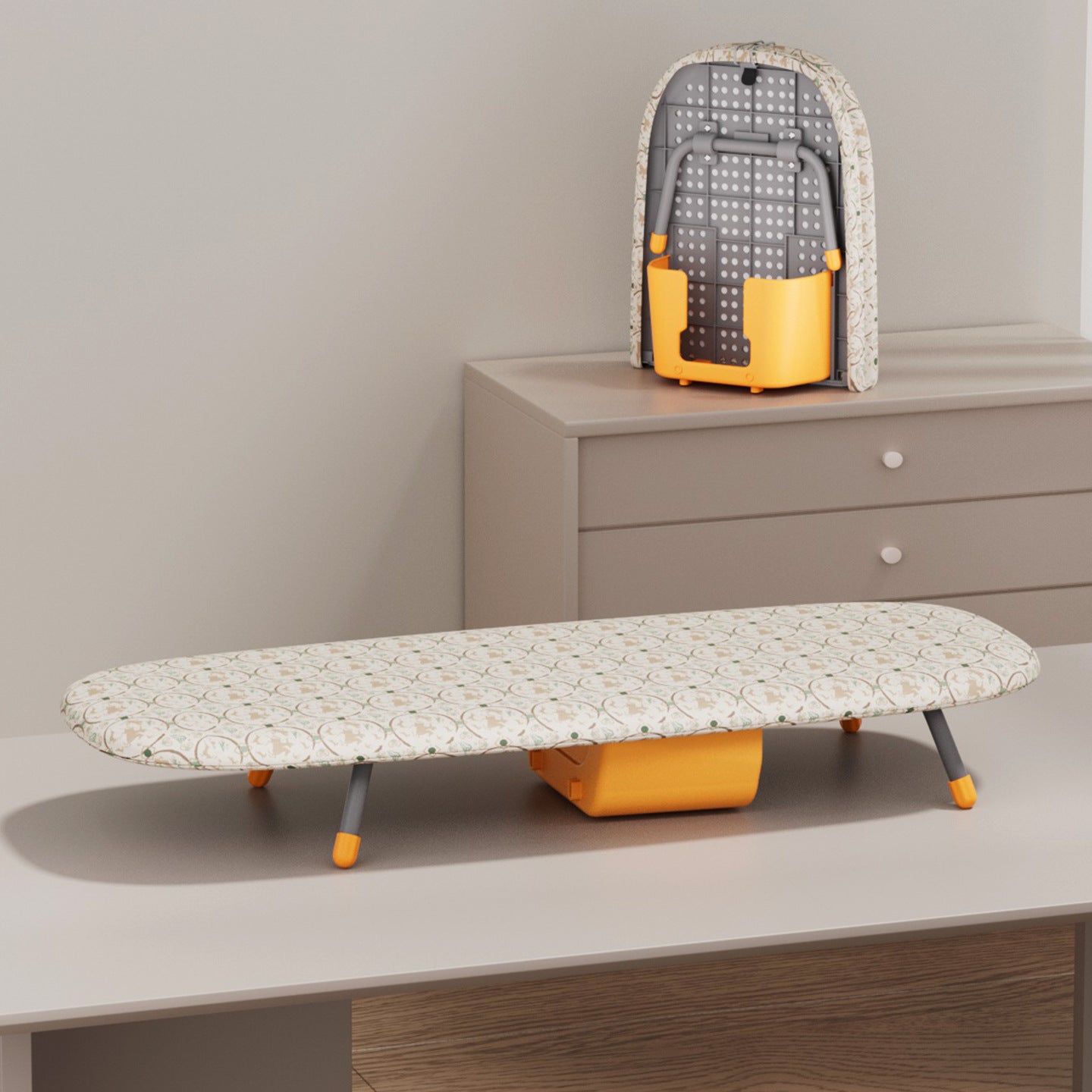 Compact Folding Tabletop Ironing Board with Iron Holder & Wall Mount, Space-Saving Grey/Yellow Design