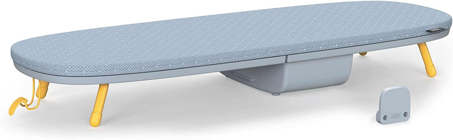 Compact Folding Tabletop Ironing Board with Iron Holder & Wall Mount, Space-Saving Grey/Yellow Design