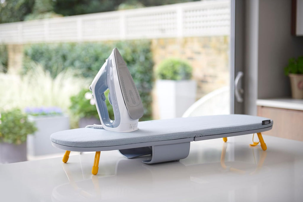 Compact Folding Tabletop Ironing Board with Iron Holder & Wall Mount, Space-Saving Grey/Yellow Design