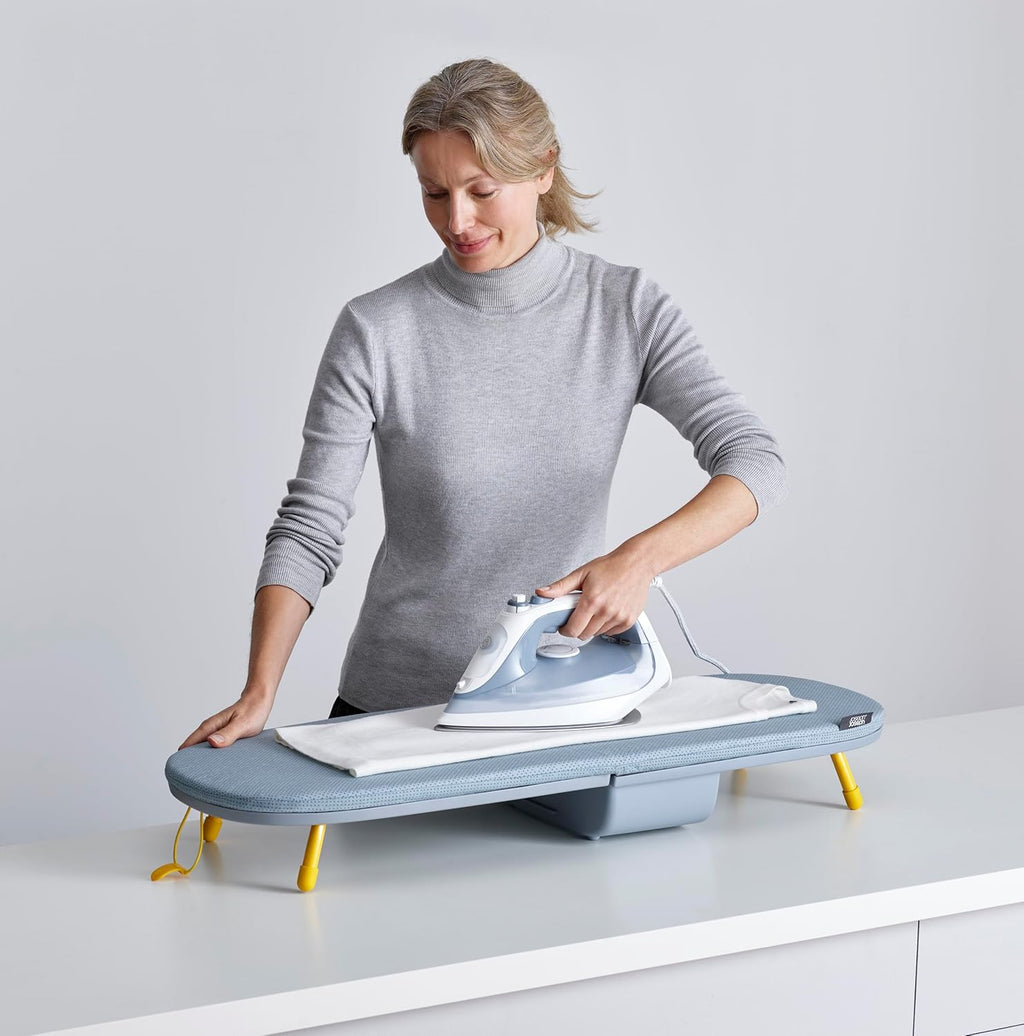 Compact Folding Tabletop Ironing Board with Iron Holder & Wall Mount, Space-Saving Grey/Yellow Design