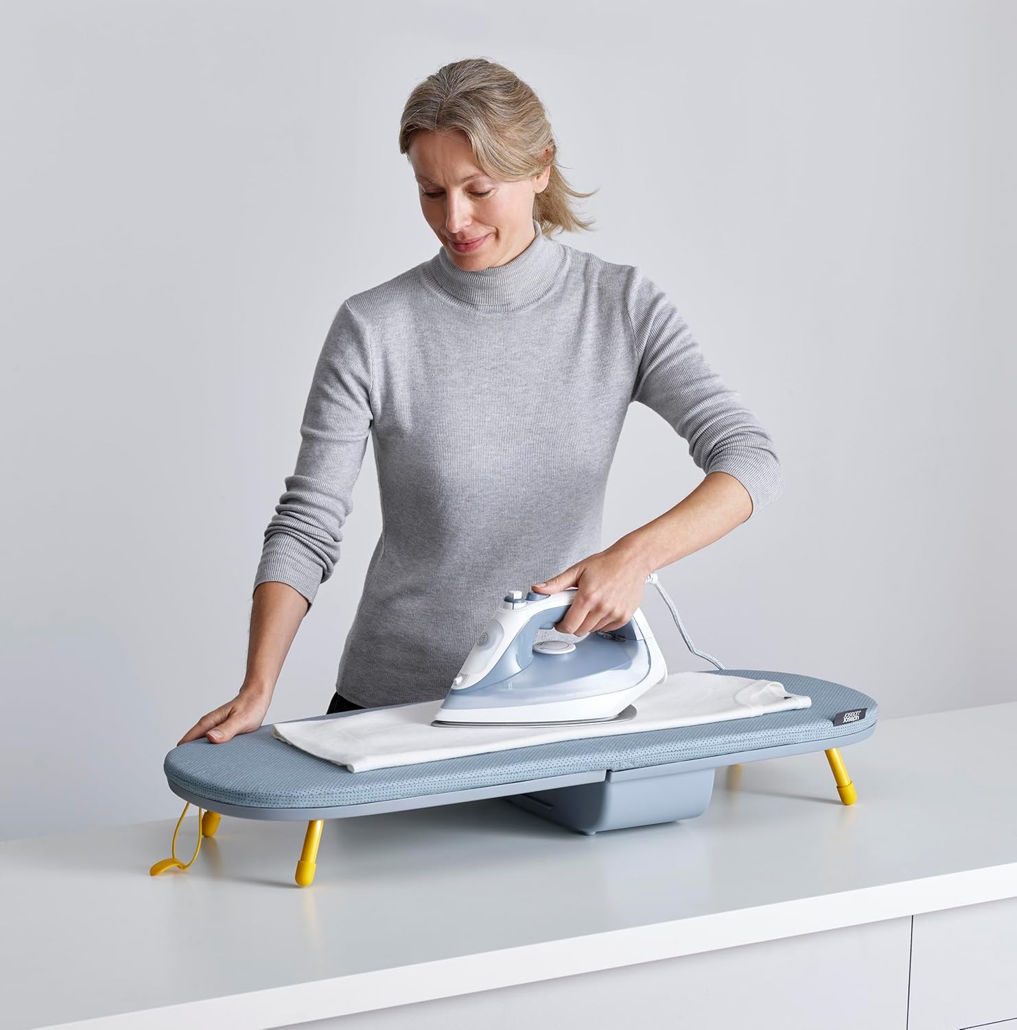 Compact Folding Tabletop Ironing Board with Iron Holder & Wall Mount, Space-Saving Grey/Yellow Design