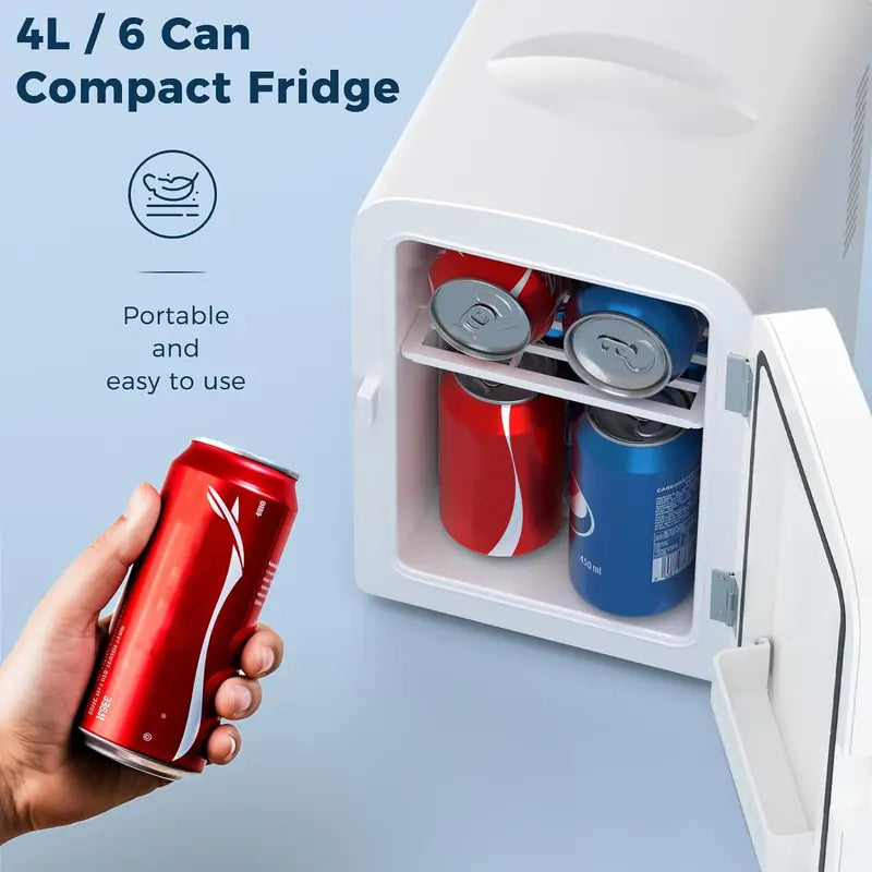Portable Mini Makeup Fridge (with LED Mirror), 4-Liter/6-Can Capacity