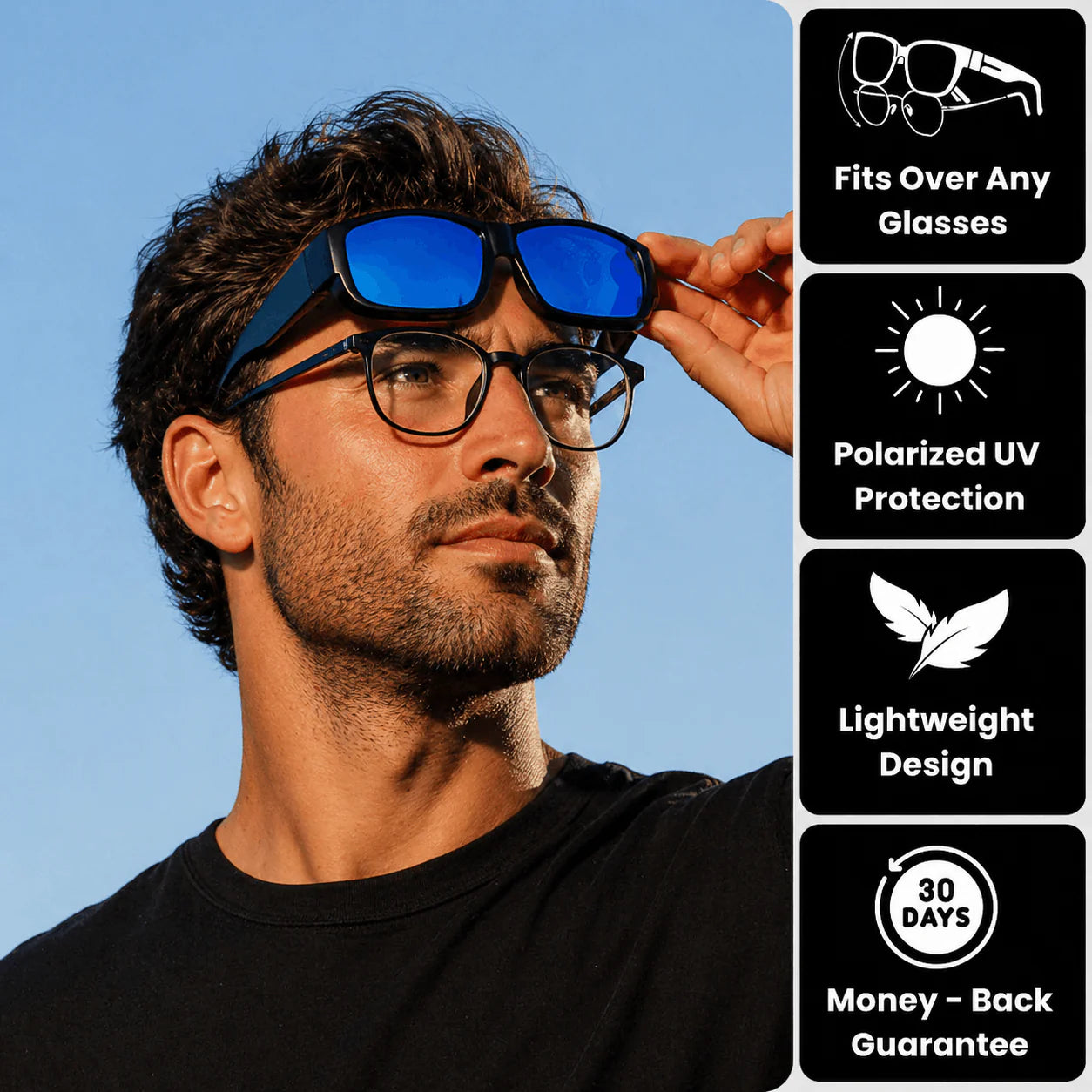 Clip-on Sunglasses (Polarized) – Wear over regular glasses; Unisex; Includes a storage pouch